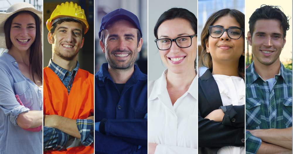 A collage of six diverse professionals: a woman in a hat, a construction worker, a man in a cap, a woman in glasses, a businesswoman, and a man in a plaid shirt.
